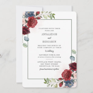 Burgundy Floral Watercolor Foliage Geometric Invitation