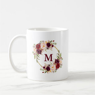 Burgundy Floral Watercolor Gold Circle Monogram B Coffee Mug