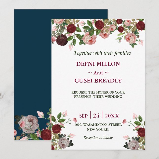 Burgundy floral watercolor navy blue wedding invitation (Front/Back)