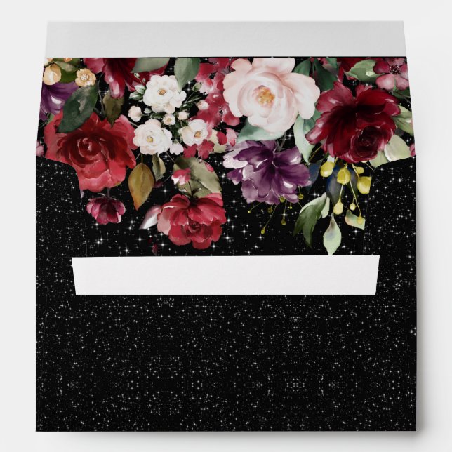 Burgundy Floral Watercolor Rustic Black Wedding Envelope (Back (Bottom))