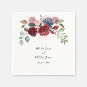 Burgundy Floral Watercolor Script Wedding Paper Napkin