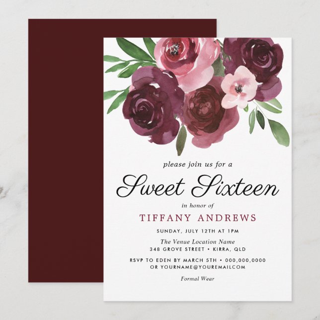 Burgundy Floral Watercolor Sweet 16 Invite (Front/Back)