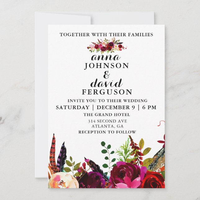 Burgundy Floral Watercolor Wedding Invitation (Front)