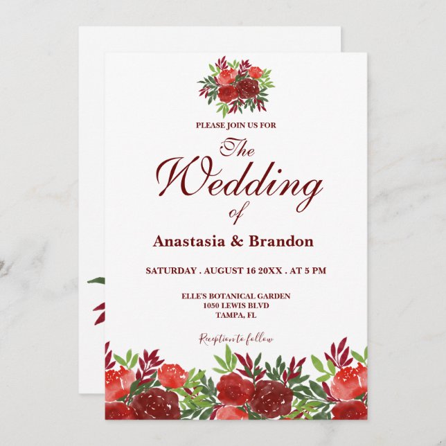 Burgundy Floral Watercolor Wedding Invitation (Front/Back)