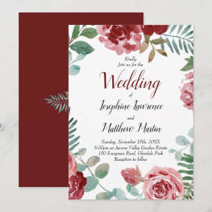 Burgundy Floral Watercolor Wedding Invitation