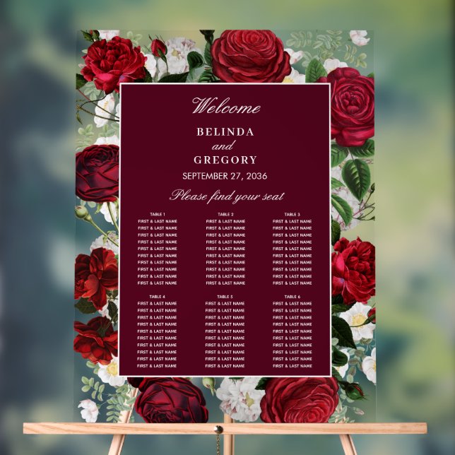 Burgundy Floral Watercolor Wedding Seating Chart (Neutral)