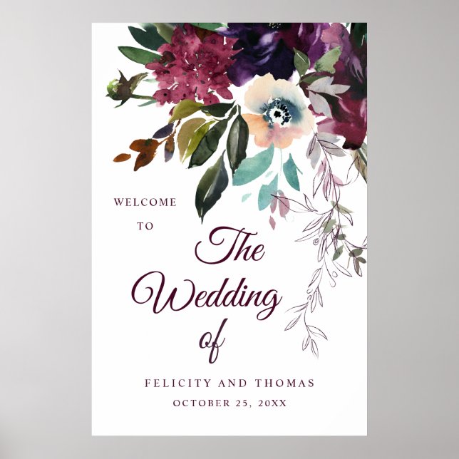 Burgundy Floral Watercolor Wedding Welcome Poster (Front)