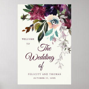 Burgundy Floral Watercolors Ivory Wedding Welcome Poster