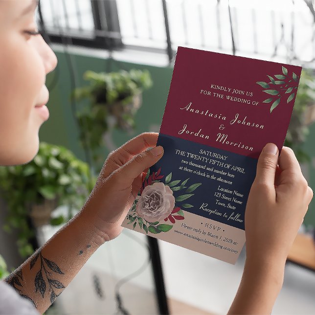 Burgundy Floral Wedding All in One Invitation (Creator Uploaded)