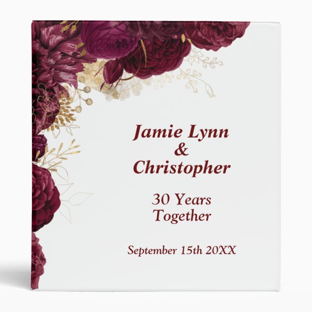 Burgundy Floral Wedding Anniversary 3 Ring Binder (Front)