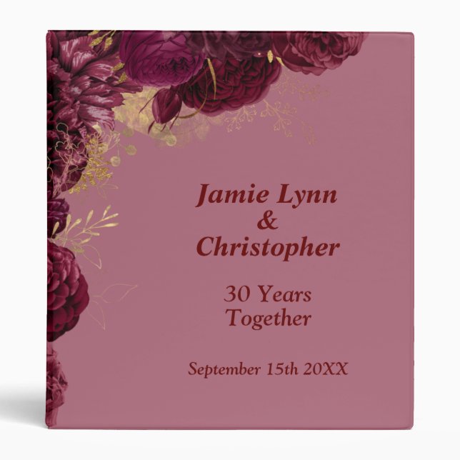 Burgundy Floral Wedding Anniversary 3 Ring Binder (Front)