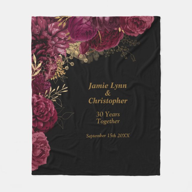 Burgundy Floral Wedding Anniversary Fleece Blanket (Front)