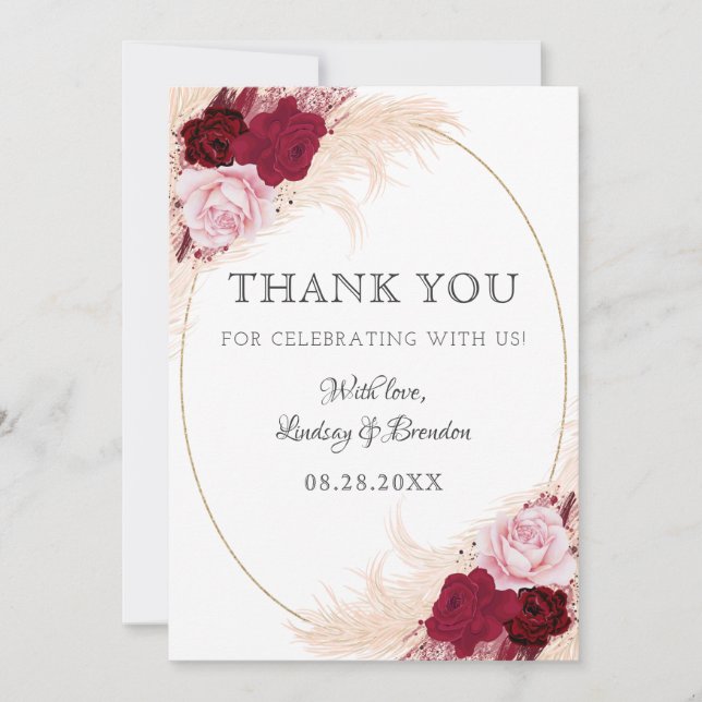 Burgundy Floral Wedding Anniversary Pampas RSVP  Thank You Card (Front)