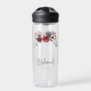 Burgundy Floral Wedding Bridesmaid Personalized Water Bottle
