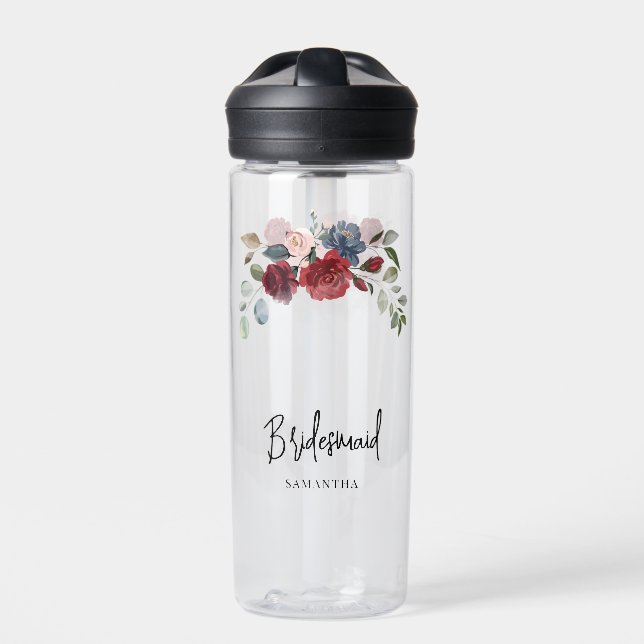 Burgundy Floral Wedding Bridesmaid Personalized Water Bottle (Front)