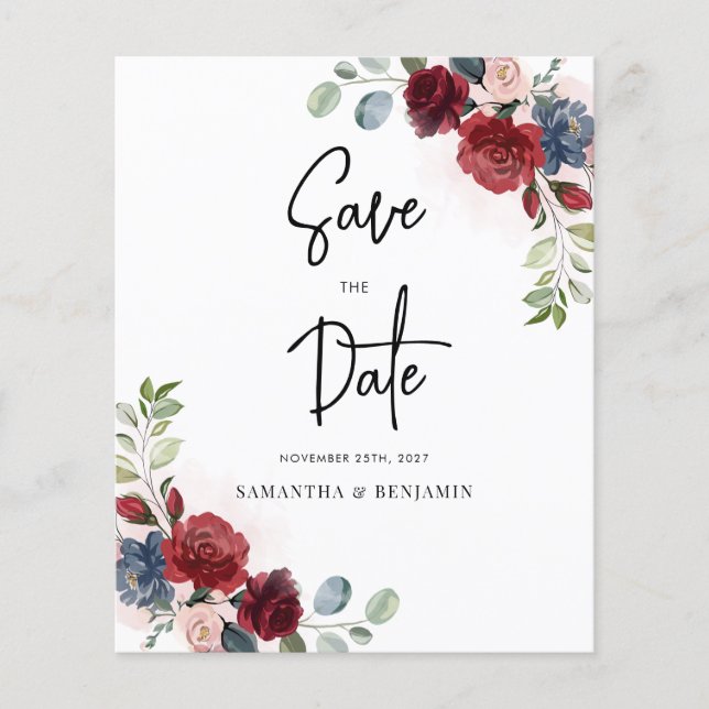 Burgundy Floral Wedding Budget Save The Date (Front)