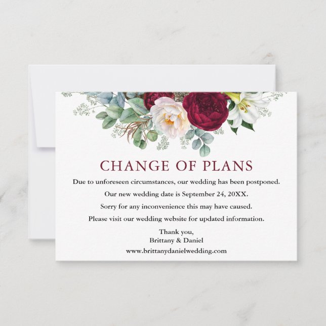 Burgundy Floral Wedding Change of Plans Note Card (Front)