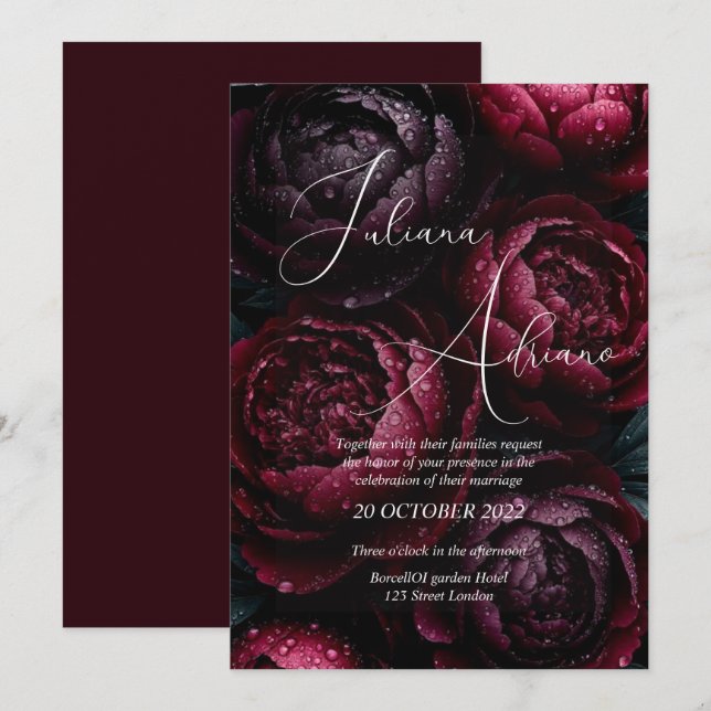 burgundy floral wedding design featuring rich wine invitation (Front/Back)