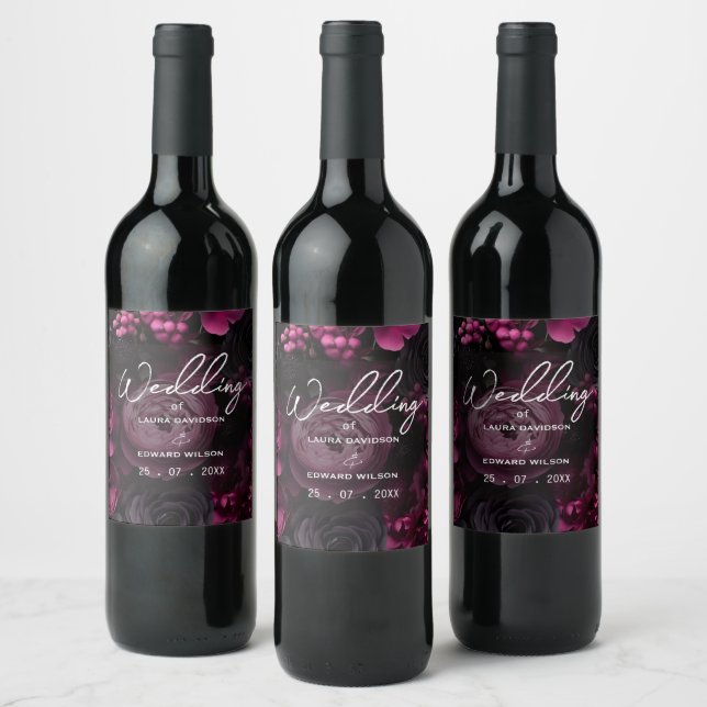 burgundy floral wedding design featuring rich wine label (Bottles)