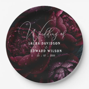 burgundy floral wedding design featuring rich wine paper plate