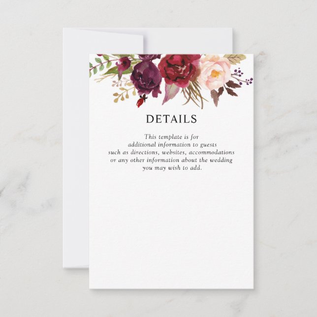 burgundy floral wedding details card (Front)