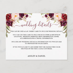 Burgundy Floral Wedding Details Insert Card