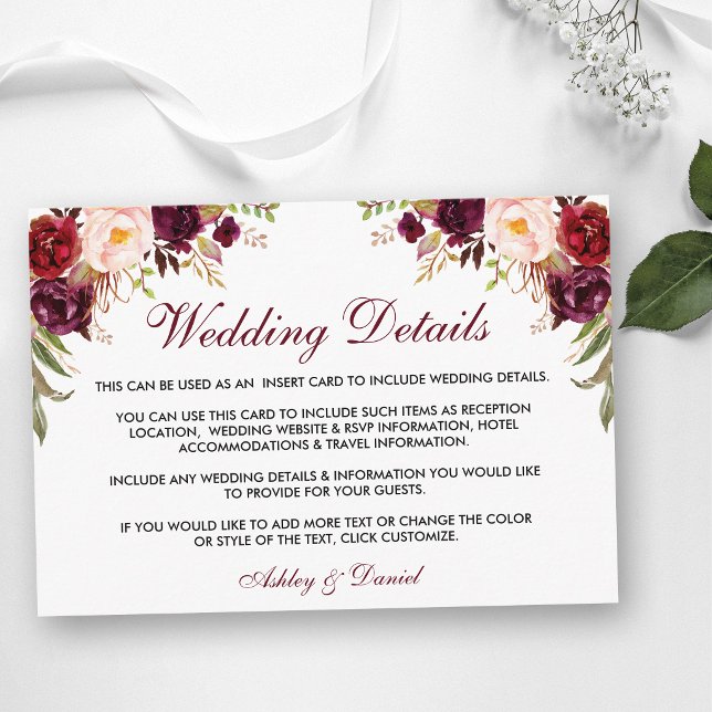 Burgundy Floral Wedding Details Insert Card W (Customize to change text size, style, color or to add more text to back of card.)