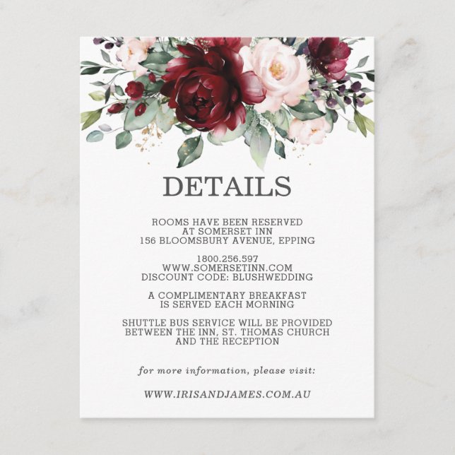 Burgundy Floral Wedding Guest Details Information Enclosure Card (Front)