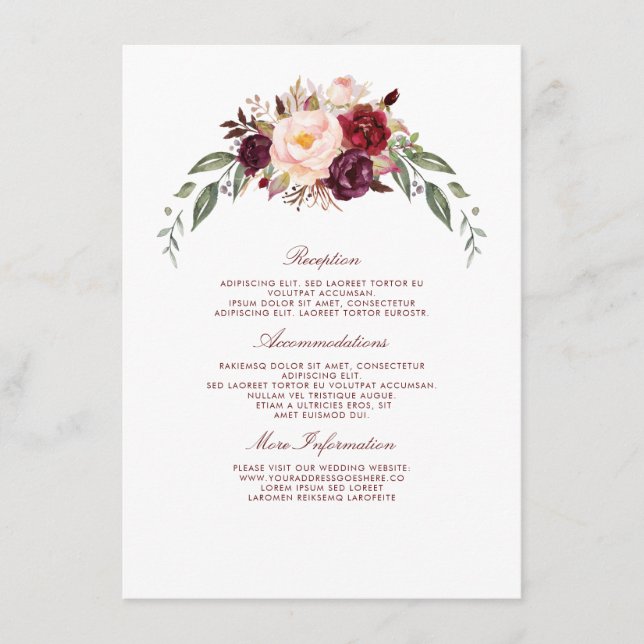 Burgundy Floral Wedding Information Guest Enclosure Card (Front)