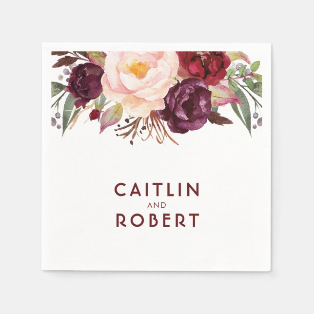Burgundy Floral Wedding Napkin (Front)