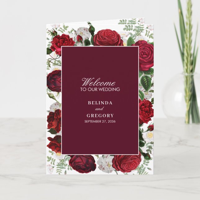 Burgundy Floral Wedding Order of Service Program (Front)