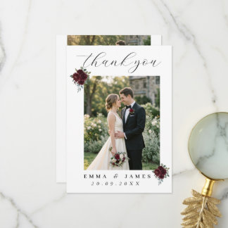 Burgundy Floral Wedding Photo Script Elegant Rose Thank You Card