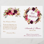 Burgundy Floral Wedding Program<br><div class="desc">This beautiful burgundy florals wedding program features watercolor flowers, feathers, leaves, branches and other foliage in bold colours of burgundy, wine, purple, orange, pink, red, cream, fuchsia, marsala, green, and gold on a white background. You can change the background colour to something other than white if you prefer. The front...</div>