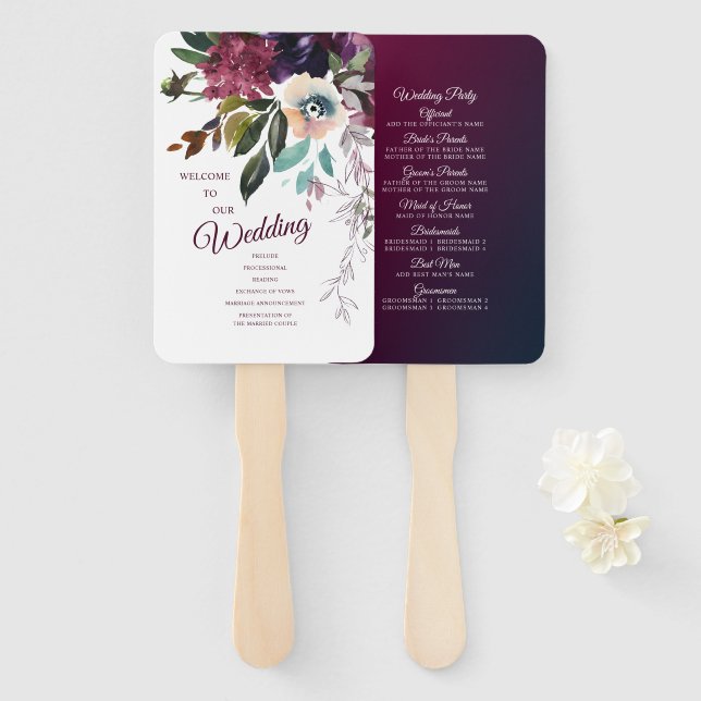 Burgundy Floral Wedding Program Hand Fan (Front and Back)