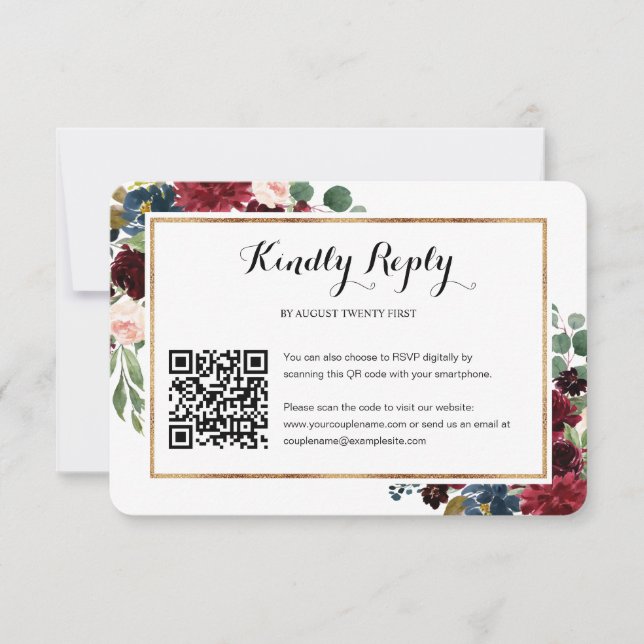 Burgundy Floral Wedding QR Code Photo RSVP Card (Front)