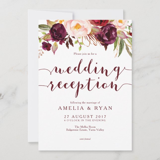 Burgundy Floral Wedding Reception Invitation (Front)