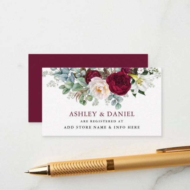 Burgundy Floral Wedding Registry Insert Card (Front/Back In Situ)