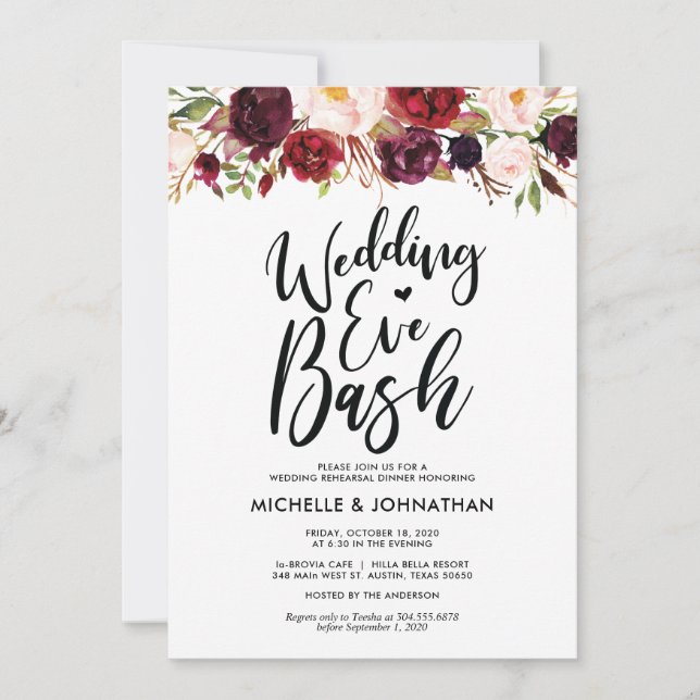 Burgundy Floral Wedding Rehearsal Dinner Invites (Front)