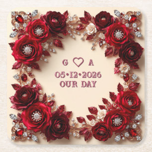 Burgundy Floral Wedding Romantic Red Roses Square Paper Coaster