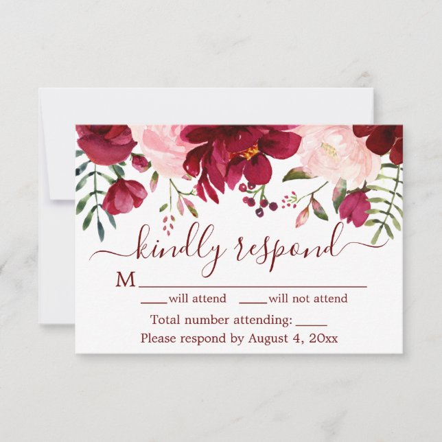 Burgundy Floral Wedding RSVP Card (Front)