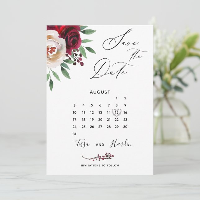 Burgundy Floral Wedding Save The Date Card (Standing Front)