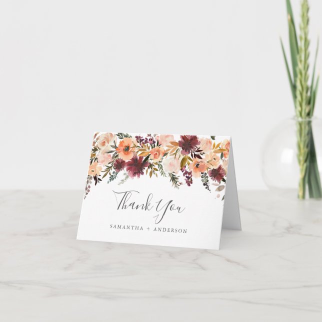 Burgundy Floral Wedding Thank You Card (Front)