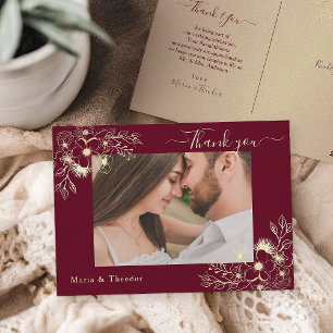 Burgundy Floral Wedding Thank You Card with Photo