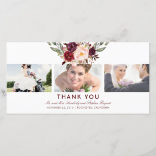 Burgundy Floral Wedding Thank You Photo Card