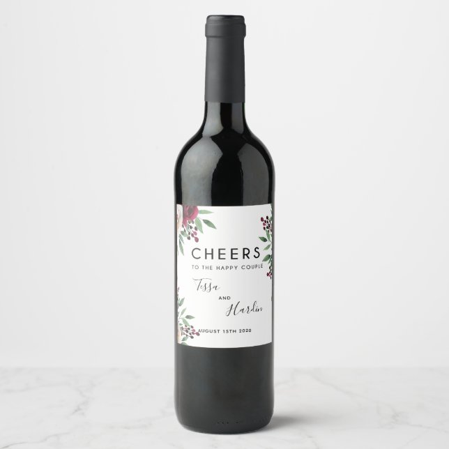 Burgundy Floral Wedding Wine Bottle Label (Front)