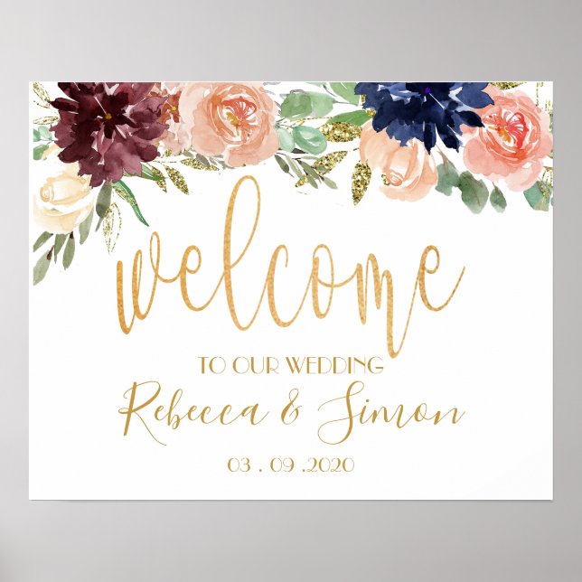 Burgundy Floral Welcome Wedding Sign (Front)