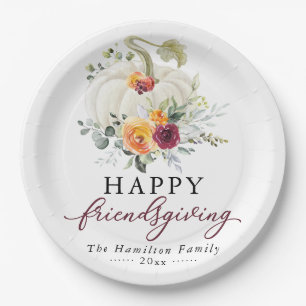 Burgundy Floral White Pumpkin Friendsgiving Paper Plate