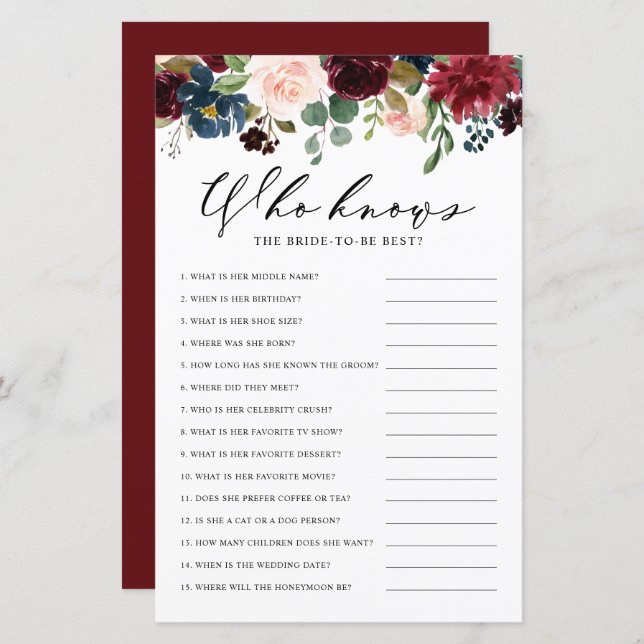 Burgundy Floral Who Knows Bride the Best Game (Front/Back)