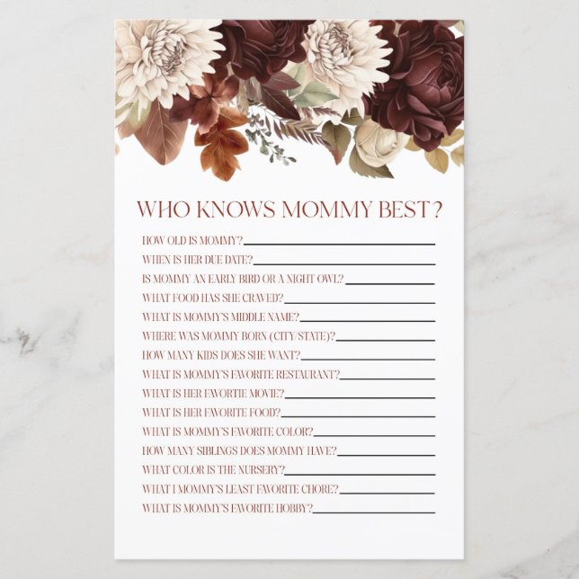 Burgundy Floral Who Knows Mommy Baby Shower Game (Front)