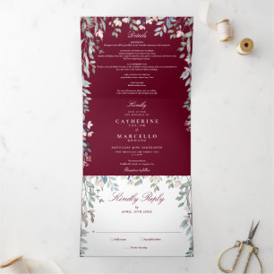 Burgundy Floral Wildflowers Photo Wedding Tri-Fold Invitation